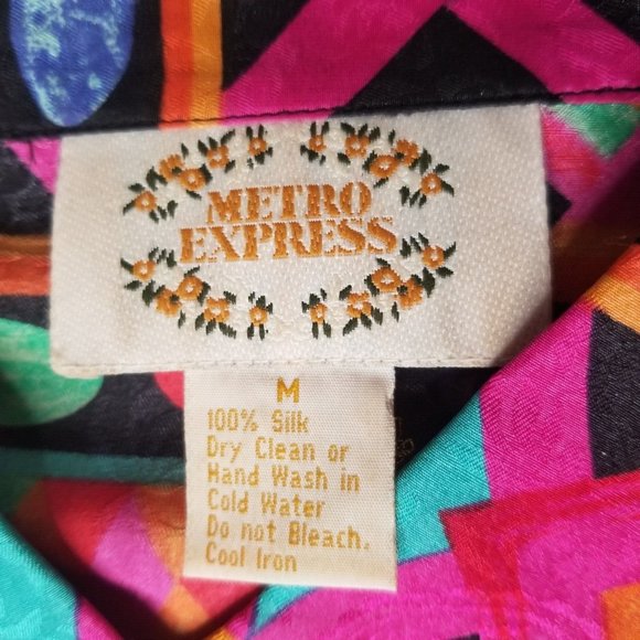 Vtg 90s Metro Express 100% Silk Blouse Tropical Artsy Abstract Retro Shirt Med - Picture 4 of 8